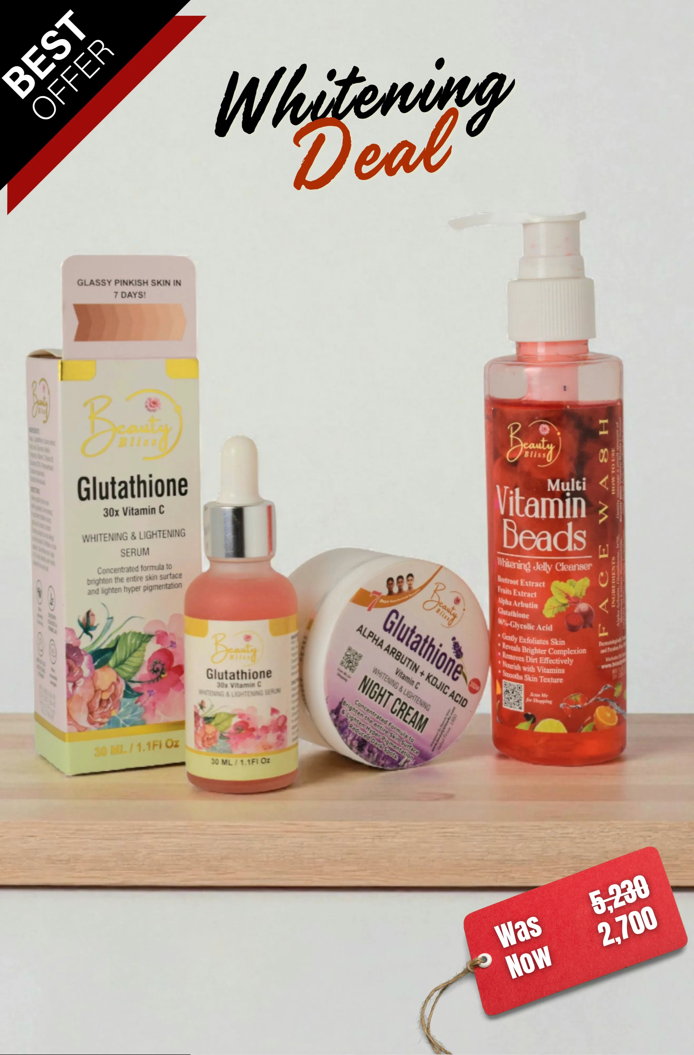 Glutathione Serum + Vitamin Beads Face Wash &  Night Cream