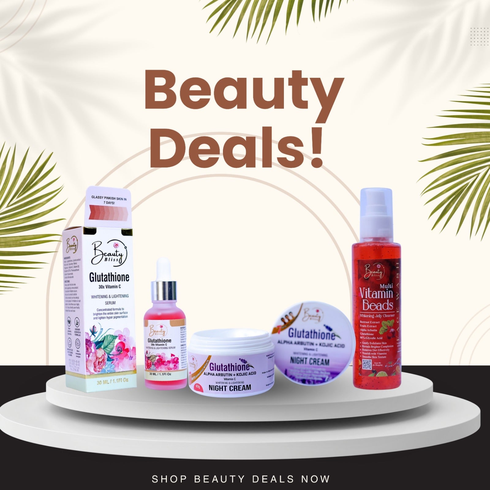 ( BEAUTY DEAL ) Glutathione Serum + Vitamin Beads Face Wash &  Night Cream 30 gm