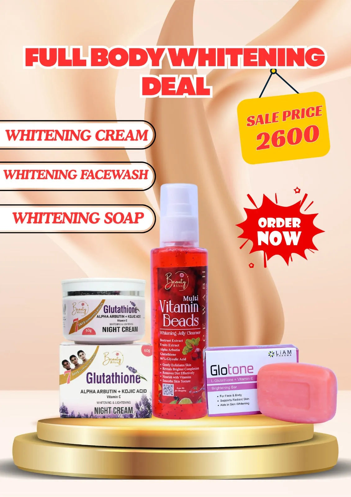 FULL BODY WHITENING DEAL 1 Glutathione Night Cream Big + 1 Face Wash + 1 Soap