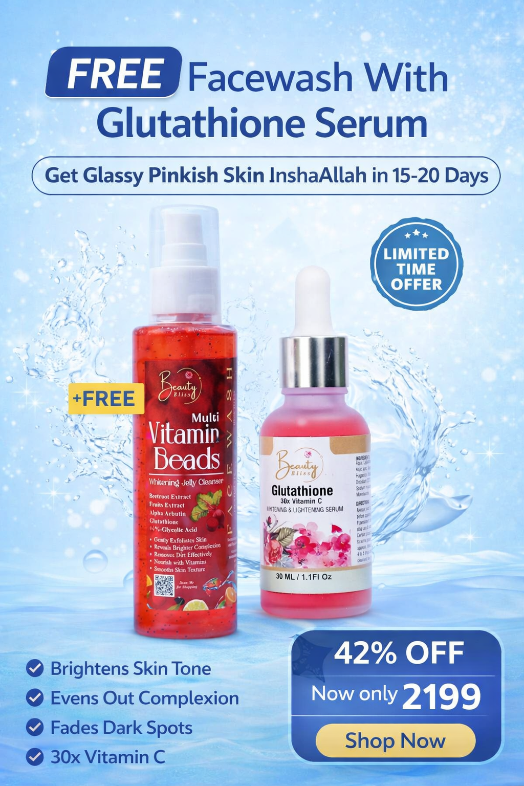 Glutathione Whitening Serum +FREE Vitamin Beads Jelly Cleanser Face Wash Combo Deal