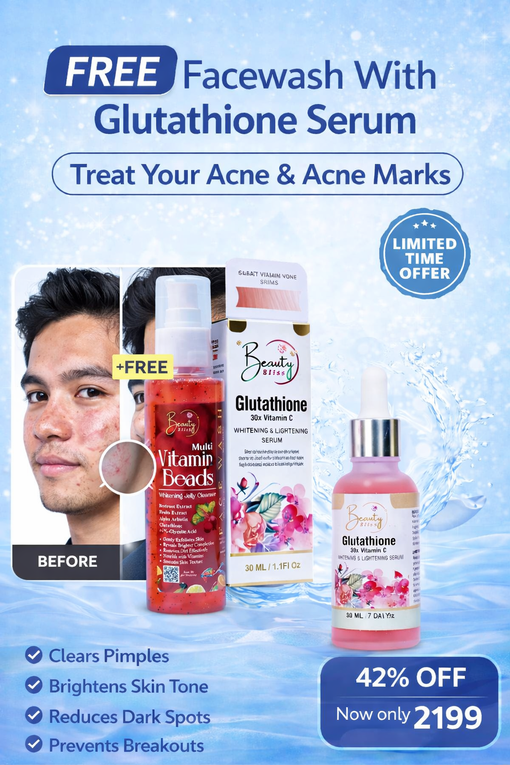 Glutathione Whitening Serum +FREE Vitamin Beads Jelly Cleanser Face Wash Combo Deal