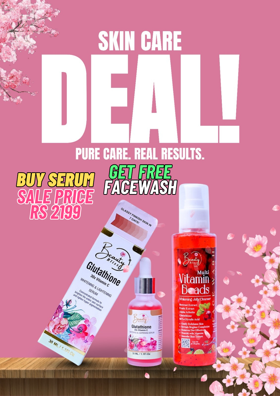 Glutathione Whitening Serum +FREE Vitamin Beads Jelly Cleanser Face Wash Combo Deal